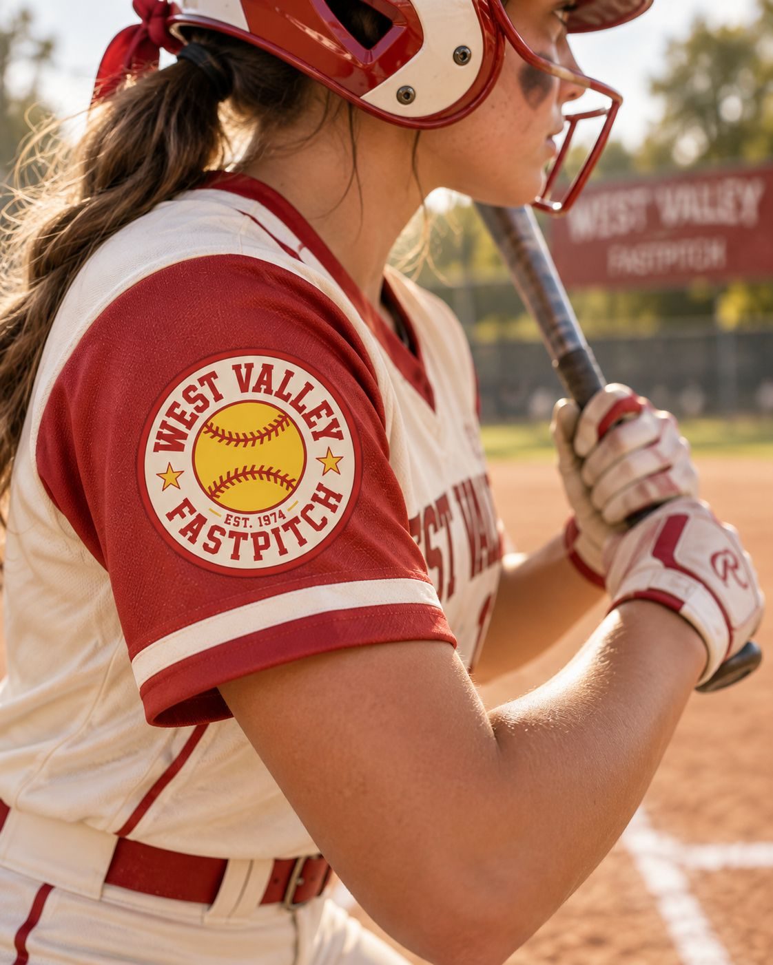 A batter in a red-and-cream uniform waits in the box, league patch on her sleeve, field signage behind her.
