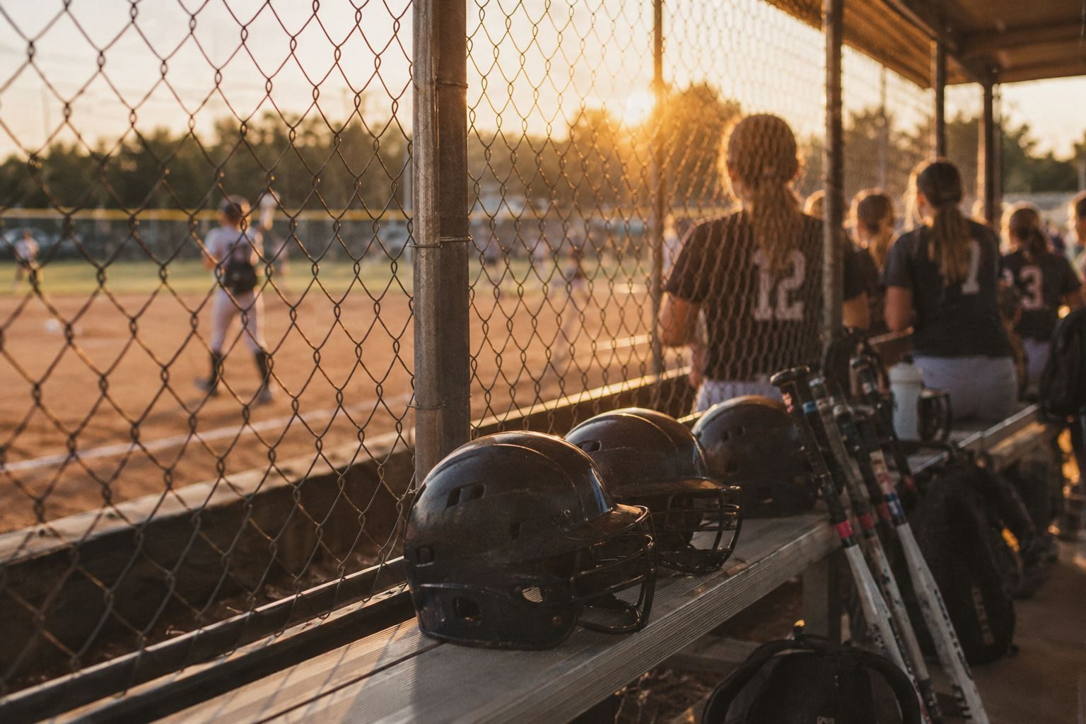 Helmets and bats lined along a dugout bench, teammates watching the game through the fence at golden hour.
