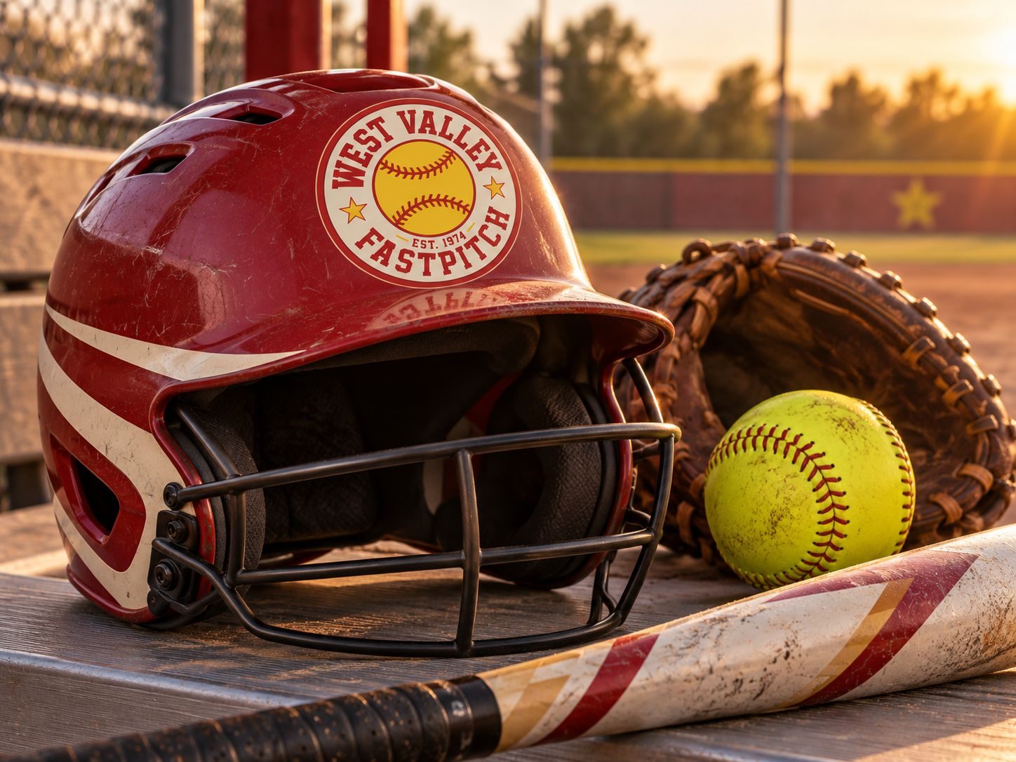 A branded batting helmet resting beside a glove, softball, and bat on a bench at sunset.