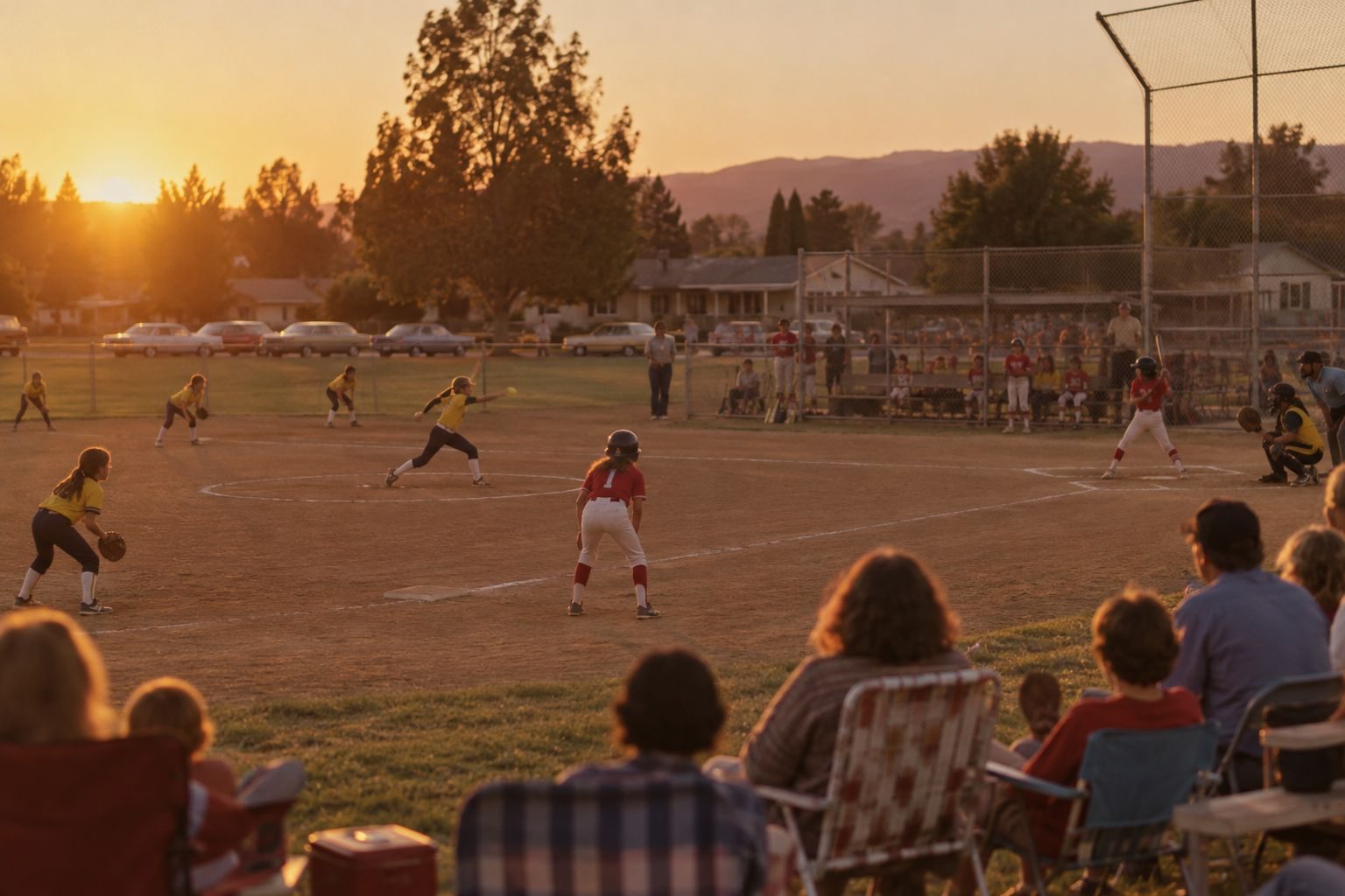 A full diamond in play at sunset with families watching from the outfield grass.