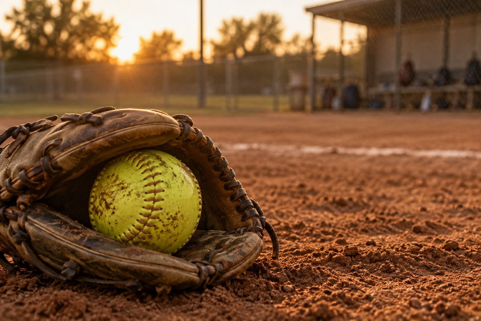 A worn leather glove cradling a scuffed neon softball on the infield dirt at sunset.