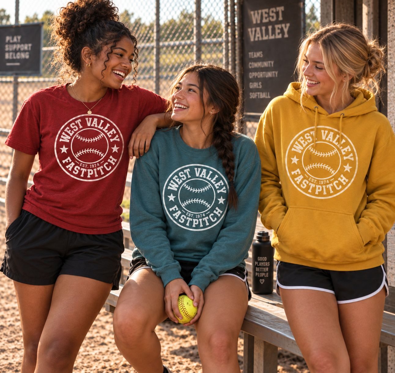 Three players in red, teal, and gold West Valley Fast Pitch spirit wear, laughing together.