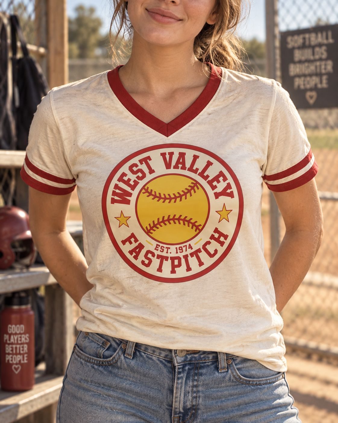 Close-up of a cream ringer tee with the circle badge, worn at the field.